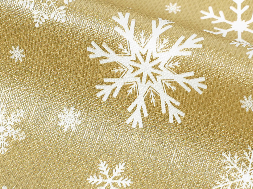 Textil hátoldalú pvc terítő - Karácsonyi mintás, hópihék aranyszínű alapon