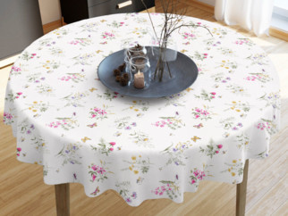 Pamut asztalterítő - színes réti virágok fehér alapon - kör alakú