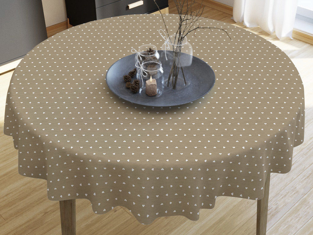 LONETA dekoratív asztalterítő - fehér szívek arany - bézs alapon - kör alakú