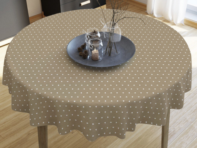 LONETA dekoratív asztalterítő - fehér szívek arany - bézs alapon - kör alakú