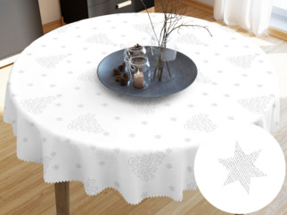 Teflonbevonatú asztalterítő - ezüstszínű karácsonyfák és csillagok- kör alakú