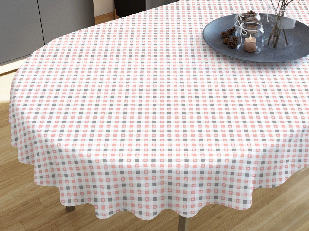 LONETA dekoratív asztalterítő - szívecskék régi rózsaszínű - szürke kockás alapon - ovális
