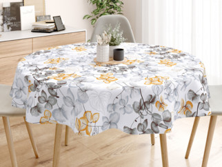 Pamut asztalterítő - barna - szürke virágok és levelek - kör alakú