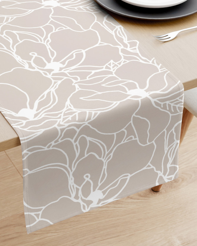 Pamut asztali futó - fehér virágok világos bézs alapon
