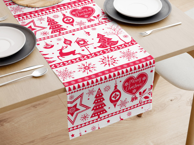 Karácsonyi pamut asztali futó - piros színű karácsonyi szimbólumok fehér alapon