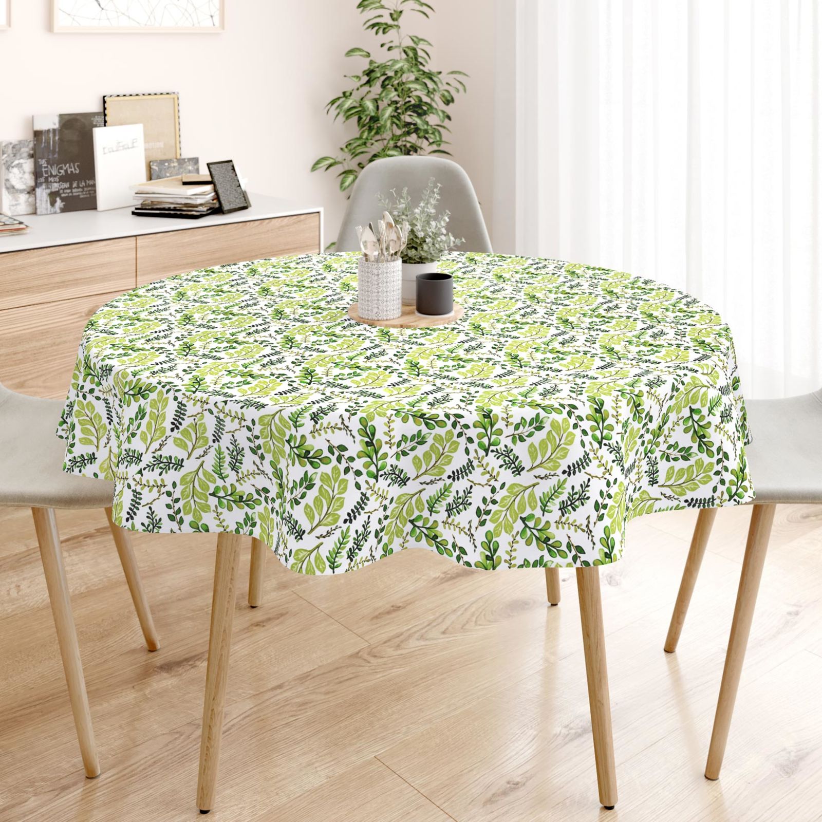 Pamut asztalterítő - zöld levelek - kör alakú