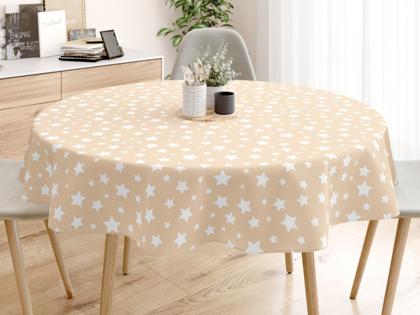 LONETA dekoratív asztalterítő - fehér csillagok bézs alapon - kör alakú