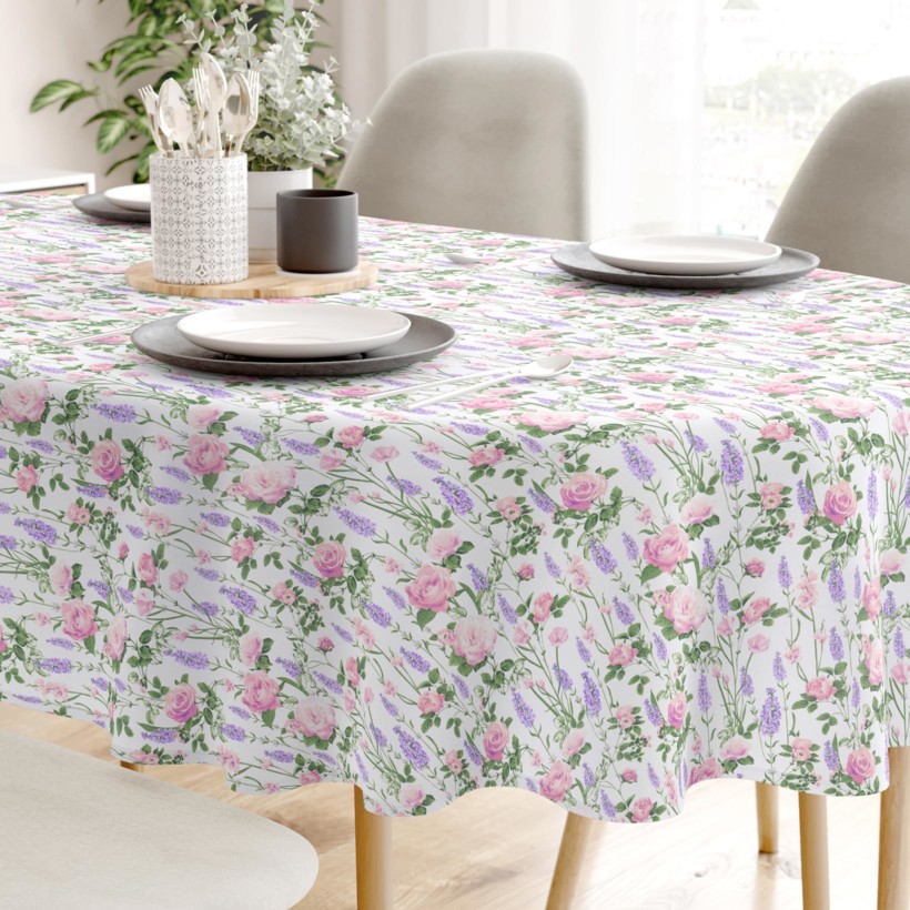 Pamut asztalterítő - rózsa virágok és levandulák - ovális