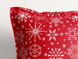 Karácsonyi pamut párnahuzat dekoratív szegéllyel - hópihe mintás piros alapon