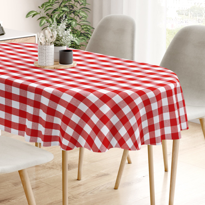 KANAFAS pamut asztalterítő - nagy piros-fehér kockás - ovális