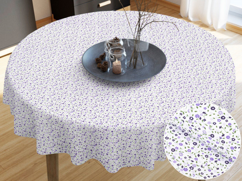 Pamut asztalterítő - kicsi apró lila virágok - kör alakú