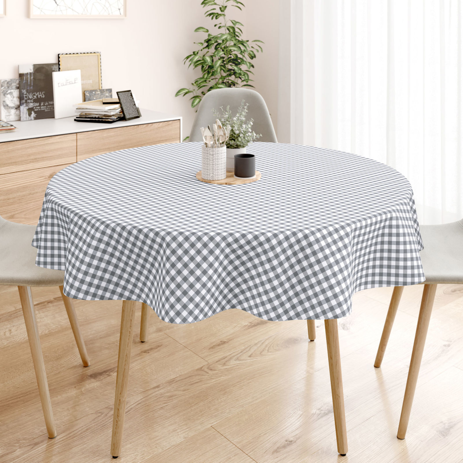 MENORCA dekoratív asztalterítő - szürke - fehér kockás - kör alakú