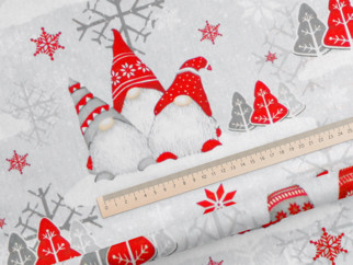 Pamutszövet SIMONA - karácsonyi mintás - manók világosszürke alapon - méteráru, szél. 150 cm