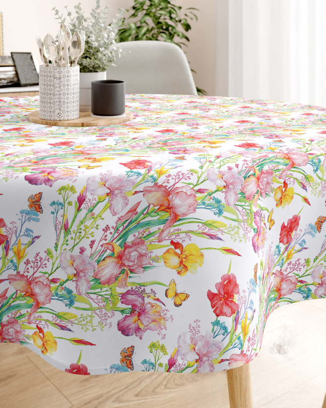 Loneta dekoratív asztalterítő - színponpás tavaszi kert - kör alakú