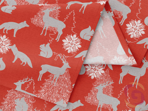 Karácsonyi drapéria LONETA - karácsonyi állatkák piros alapon