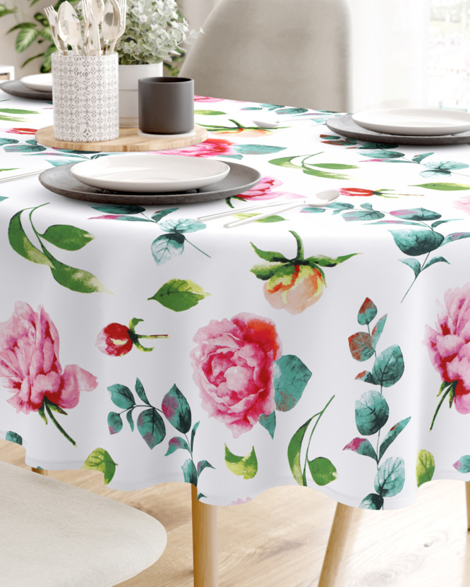 Pamut asztalterítő - pünkösdi rózsák - ovális