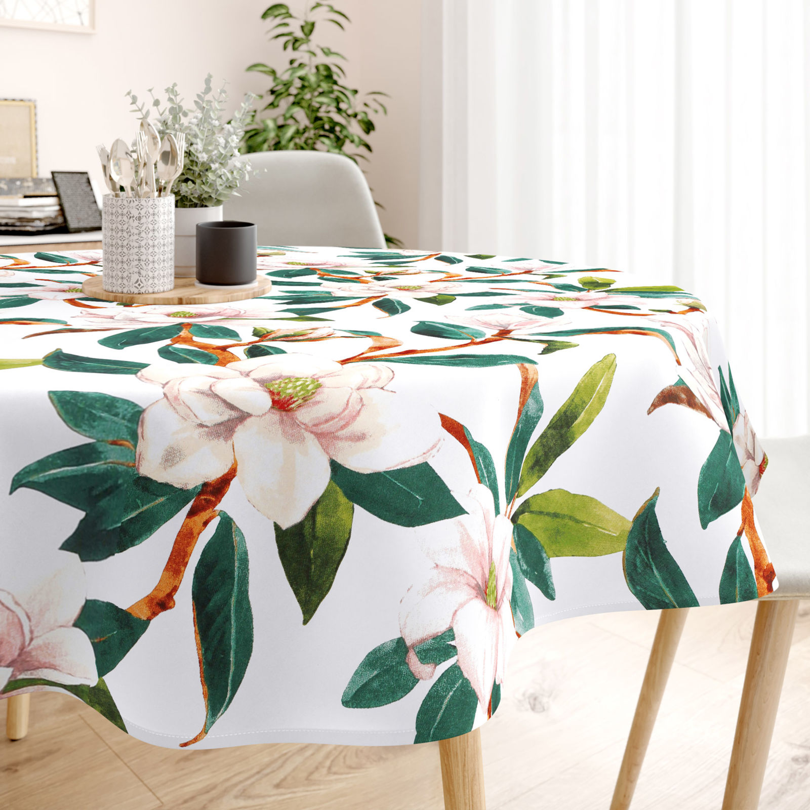 Pamut asztalterítő - magnólia virágok - kör alakú