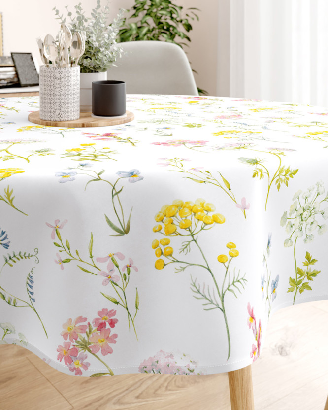 Pamut asztalterítő - virágzó réti virágok - kör alakú
