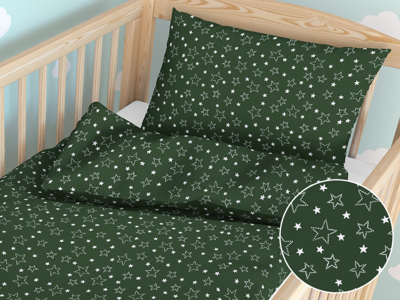 Karácsonyi gyermek pamut ágyneműhuzat kiságyba - X - 29 fehér csillagok zöld alapon