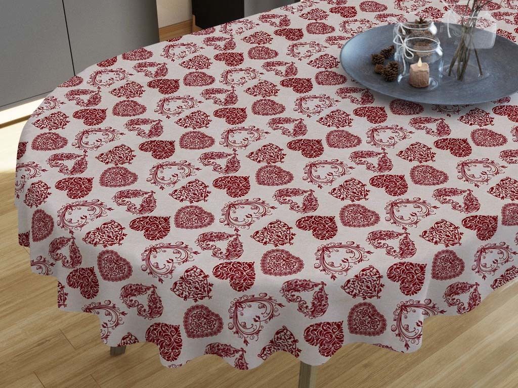 LONETA dekoratív asztalterítő - piros szívek - vászonszövésű - ovális
