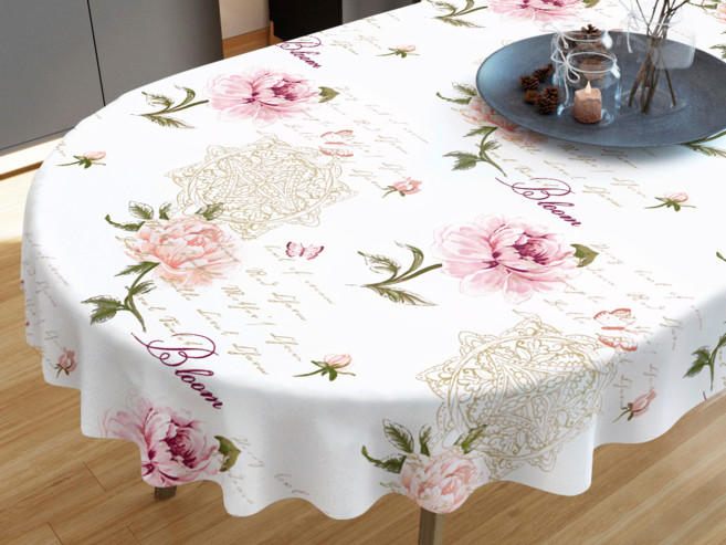 Pamut asztalterítő - pünkösdi rózsa virágmintás - ovális
