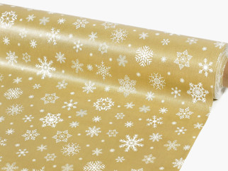 Textil hátoldalú pvc terítő - Karácsonyi mintás, hópihék aranyszínű alapon - méteráru 140 cm széles