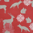 Karácsonyi dekoratív anyag LONETA - MOUNTAIN SNOW C - 401 Karácsonyi állatkák piros alapon - szélesség 140 cm