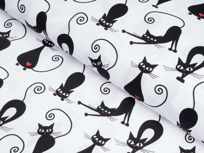 Pamutvászon - fekete macskák fehér alapon
