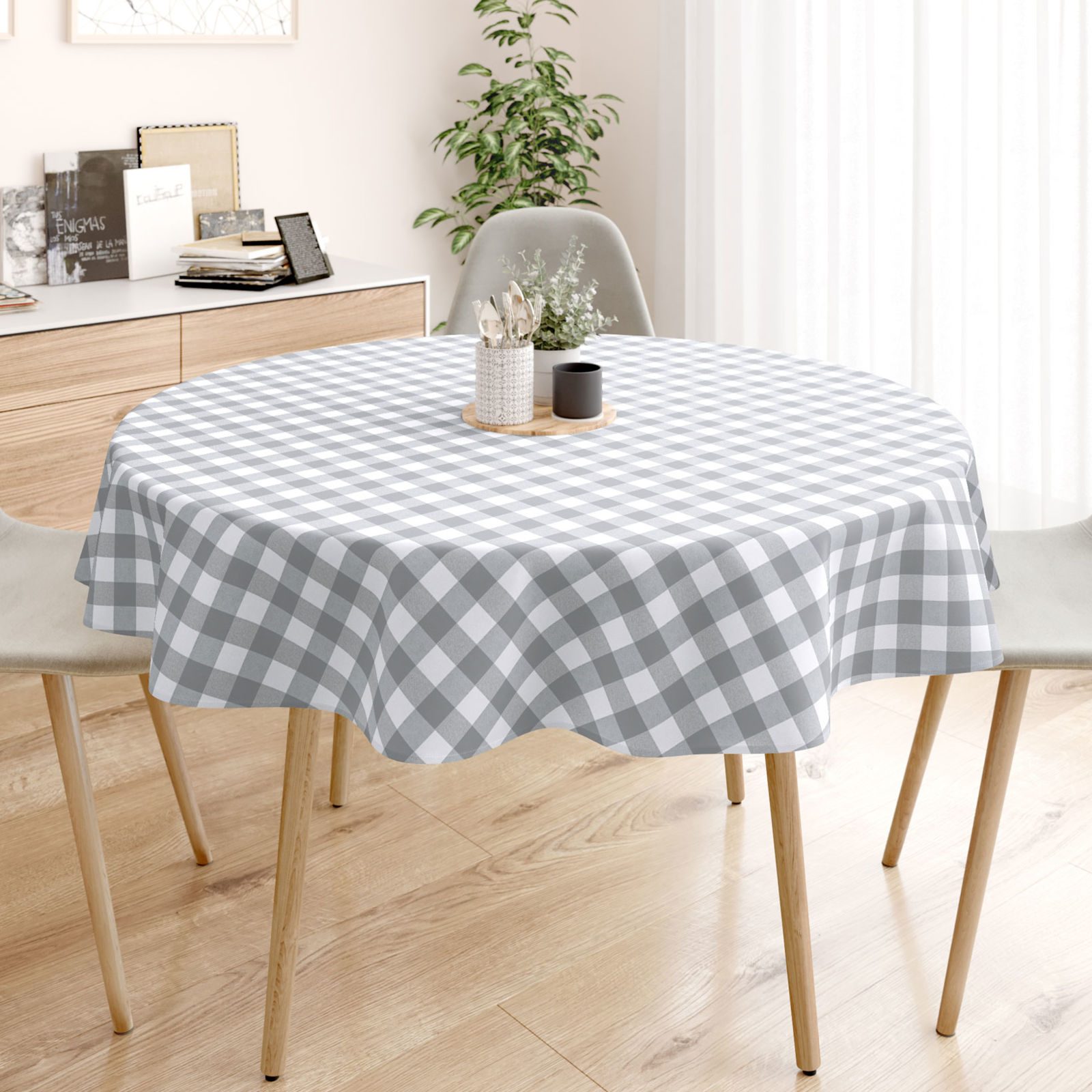 MENORCA dekoratív asztalterítő - nagy szürke - fehér kockás - kör alakú
