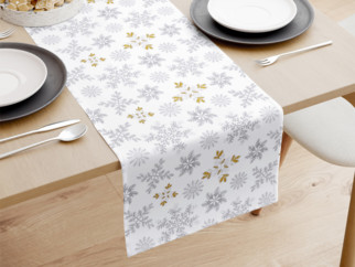 Karácsonyi pamut asztali futó - szürke hópihék arany csillámokkal