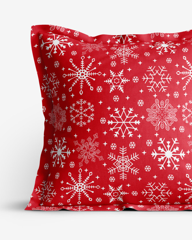 Karácsonyi pamut párnahuzat dekoratív szegéllyel - hópihe mintás piros alapon