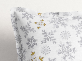 Karácsonyi pamut párnahuzat dekoratív szegéllyel - szürke hópihék arany csillámokkal