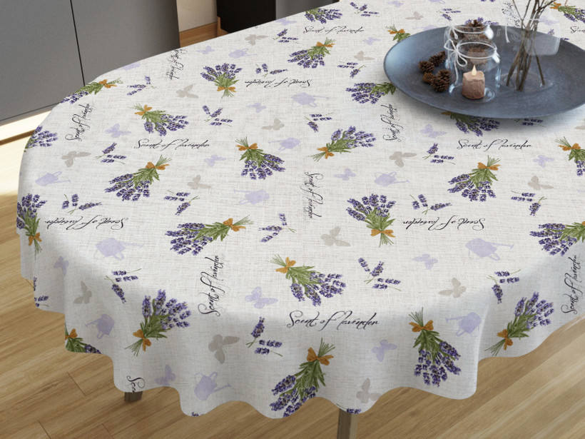 VERONA dekoratív asztalterítő - levendulavirágok és lepkék - vászonszövésű - ovális starý