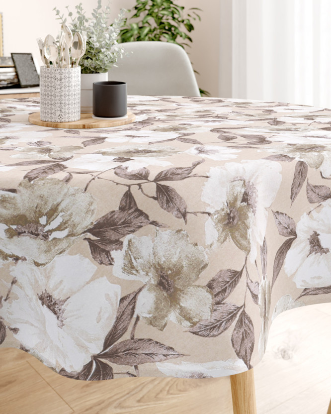 Loneta dekoratív asztalterítő - barna - fehér virágok és levelek - kör alakú