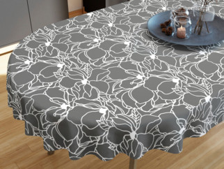 Pamut asztalterítő - fehér virágok sötétszürke alapon - ovális