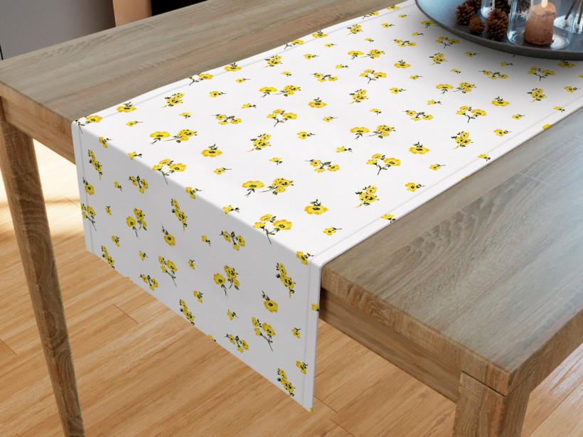 Pamut asztali futó - sárga virág minták fehér alapon