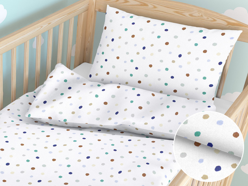 Gyermek pamut ágyneműhuzat kiságyba - cikkszám 1023 színes pöttyös fehér alapon