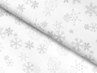 Karácsonyi teflonbevonatú asztali futó - ezüst hópihék fehér alapon