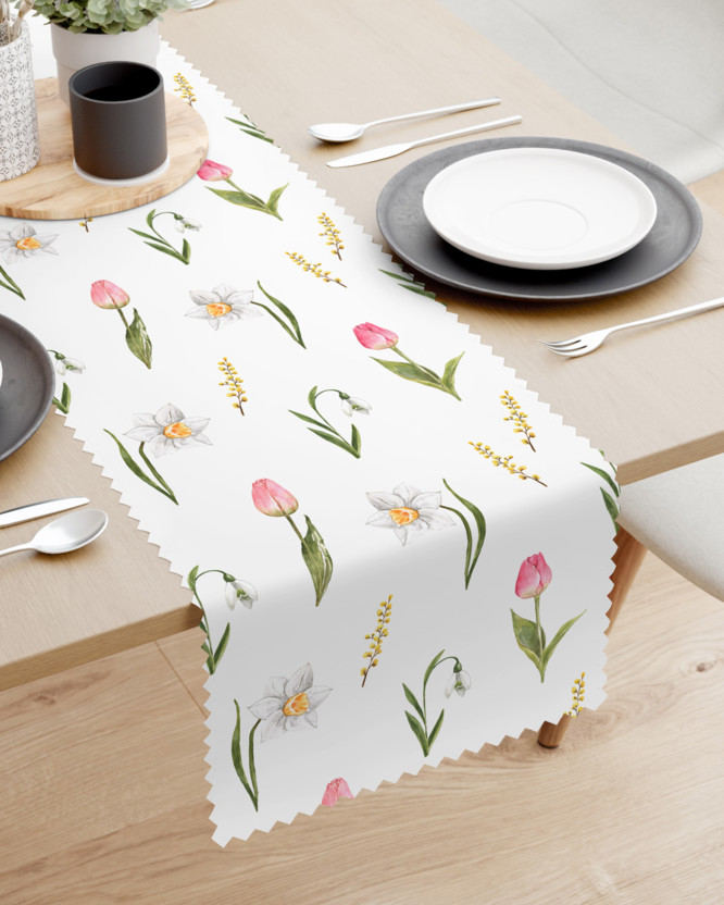 Teflonbevonatú asztali futó - virágzó tulipánok fehér alapon