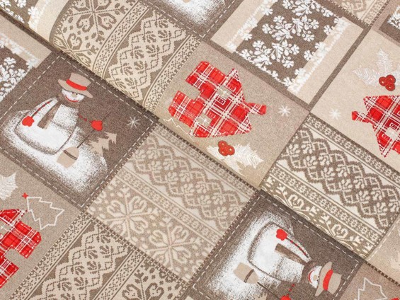 Karácsonyi dekoratív anyag LONETA - Hóemberek - szélesség 140 cm