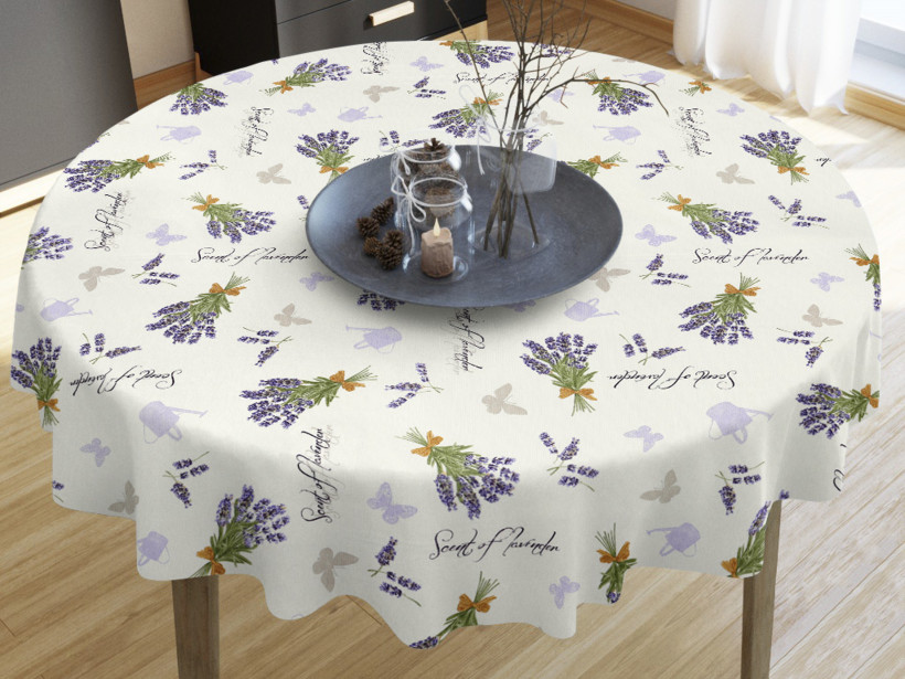 VERONA dekoratív asztalterítő - levendulavirágok és lepkék krémszínű alapon - kör alakú