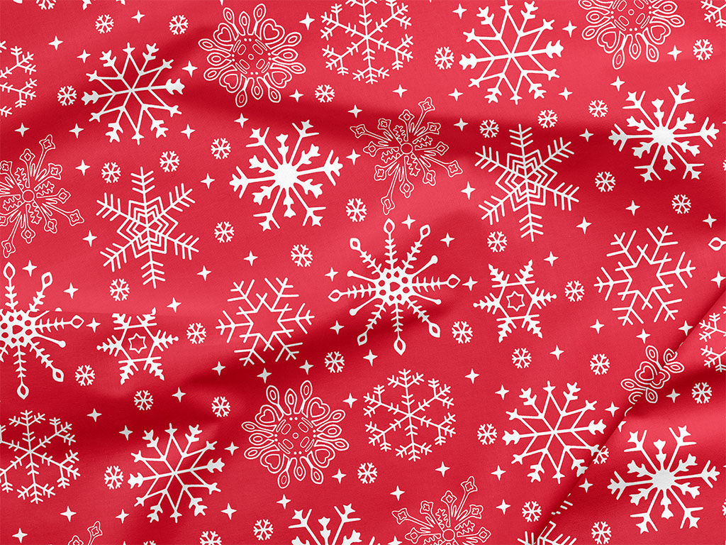 Pamutszövet - karácsonyi - hópihék piros alapon