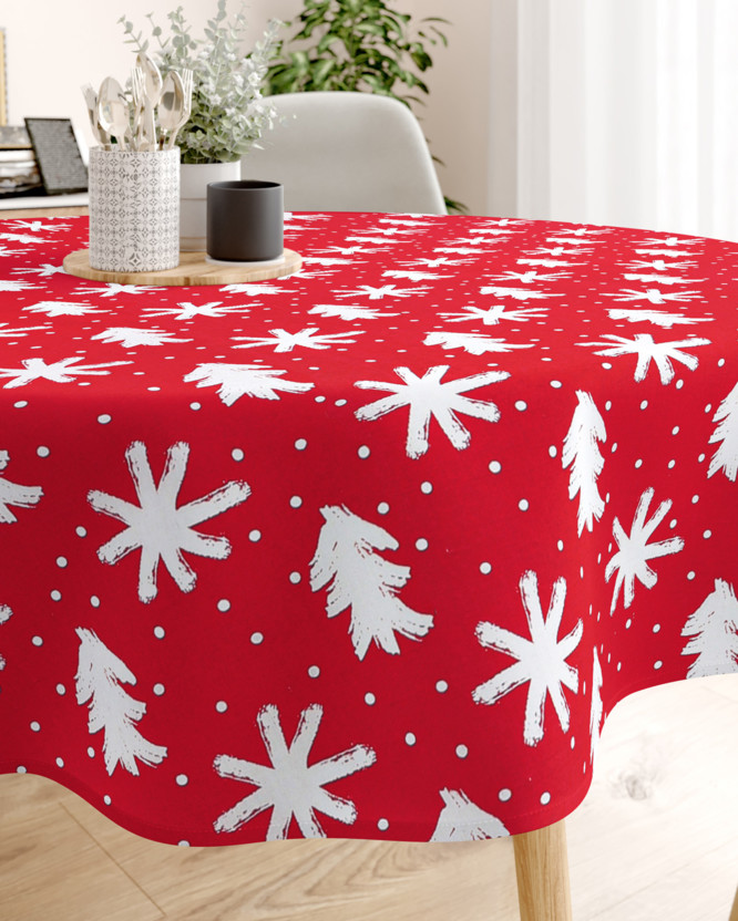 Karácsonyi pamut asztalterítő - hópihék és karácsonyfák piros alapon - kör