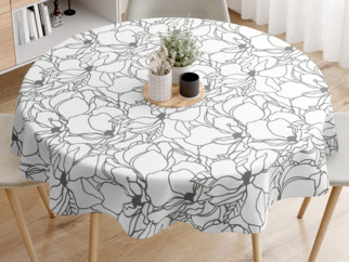 Pamut asztalterítő - sötétszürke virágok fehér alapon - kör alakú