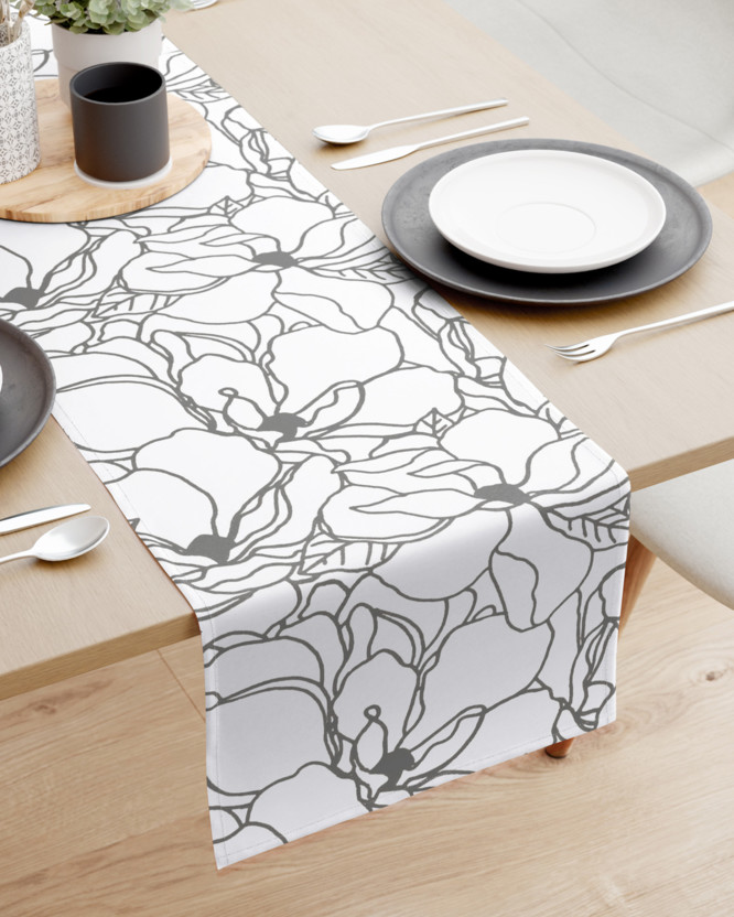 Pamut asztali futó - sötétszürke virágok fehér alapon