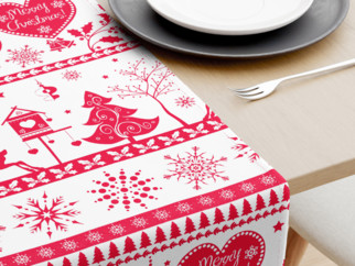 Karácsonyi pamut asztali futó - piros színű karácsonyi szimbólumok fehér alapon