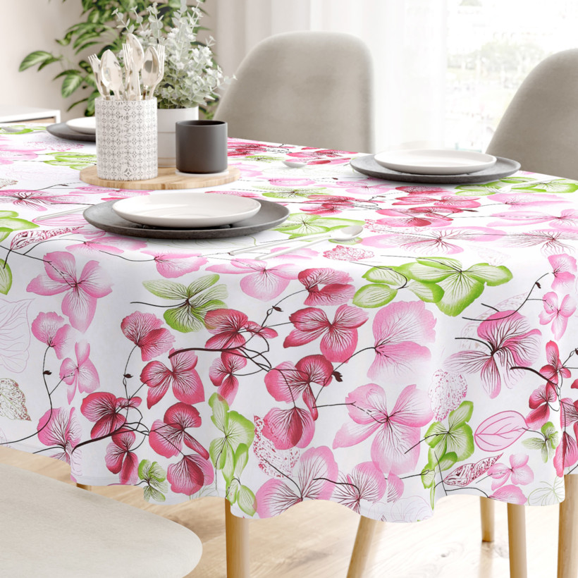Pamut asztalterítő - rózsaszín - zöld virágok és levelek - ovális