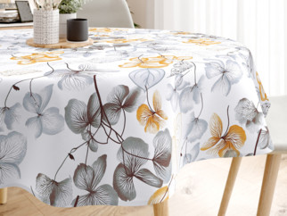 Pamut asztalterítő - barna - szürke virágok és levelek - kör alakú
