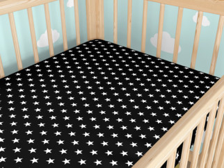 Gyermek körgumis pamut lepedő kiságyba - fehér csillagok fekete alapon