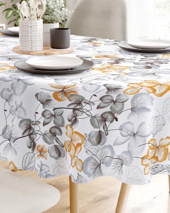 Pamut asztalterítő - barna - szürke virágok és levelek - ovális